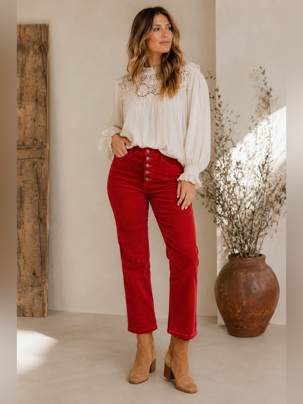 Judy Blue Red Corduroy Ankle Straight Jeans Button Fly High Rise Size 7/28